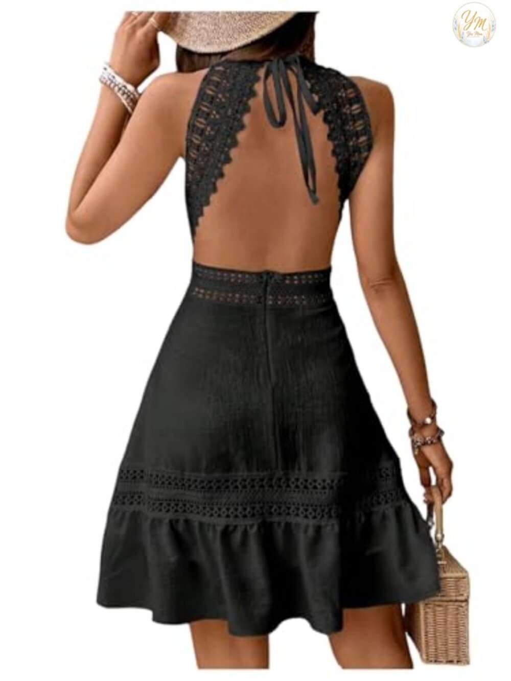 Sleeveless Halter Dress Backless Contrast Lace A-Line Vacation